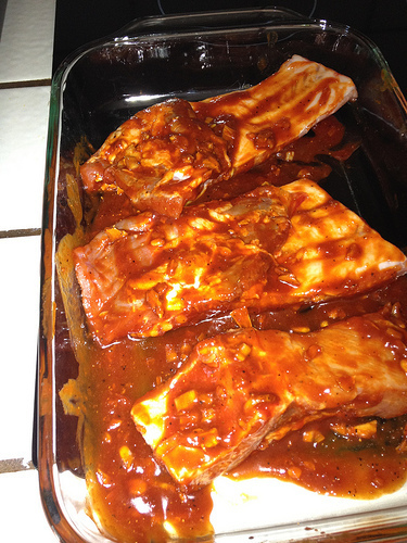 Oven-baked ribs marinating