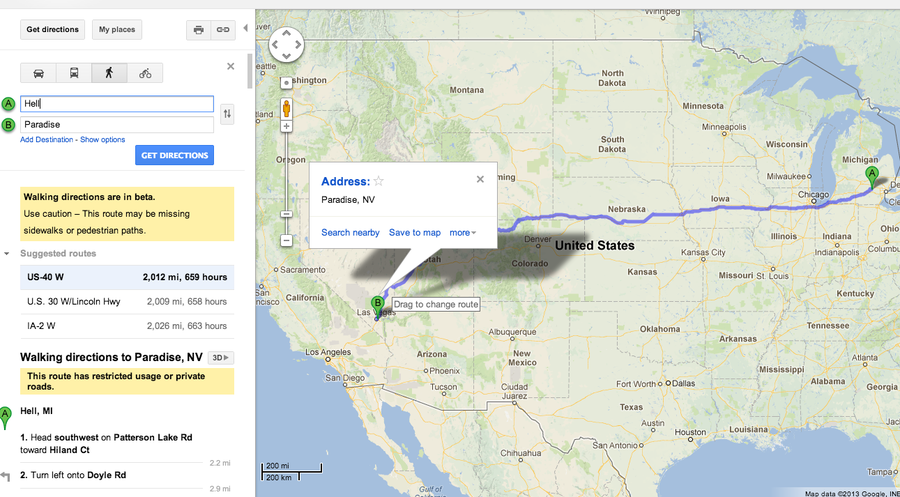 Hell Michigan to Paradise Nevada google maps