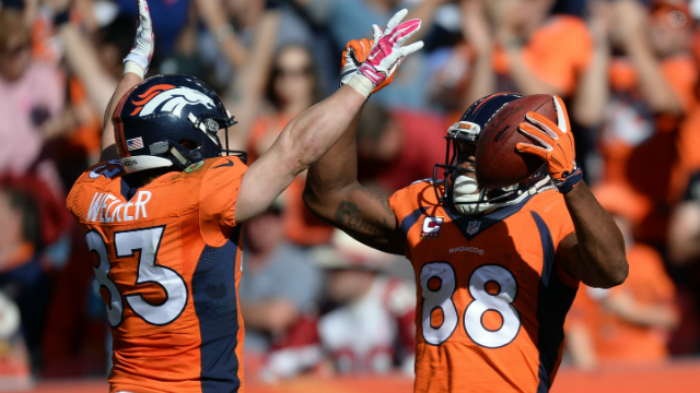 Demaryius Thomas TD gif Imgur Wes Welker hug broncos cardinals 2014